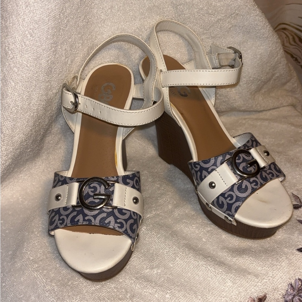 GBG Los Angeles White and Blue Heels with Ankle Strap